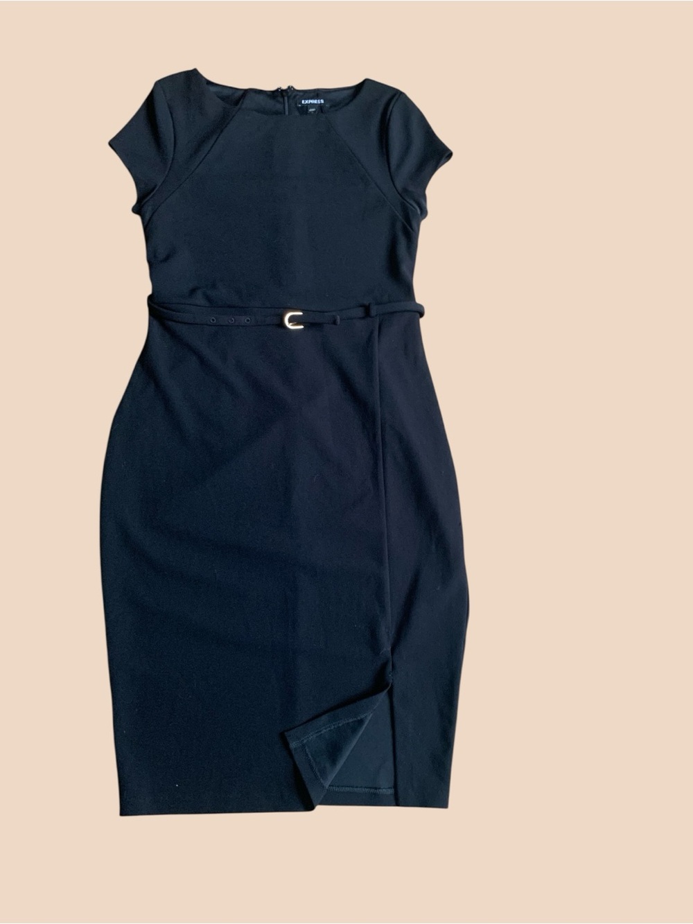 Express Navy Cap-Sleeve Belted Sheath Dress